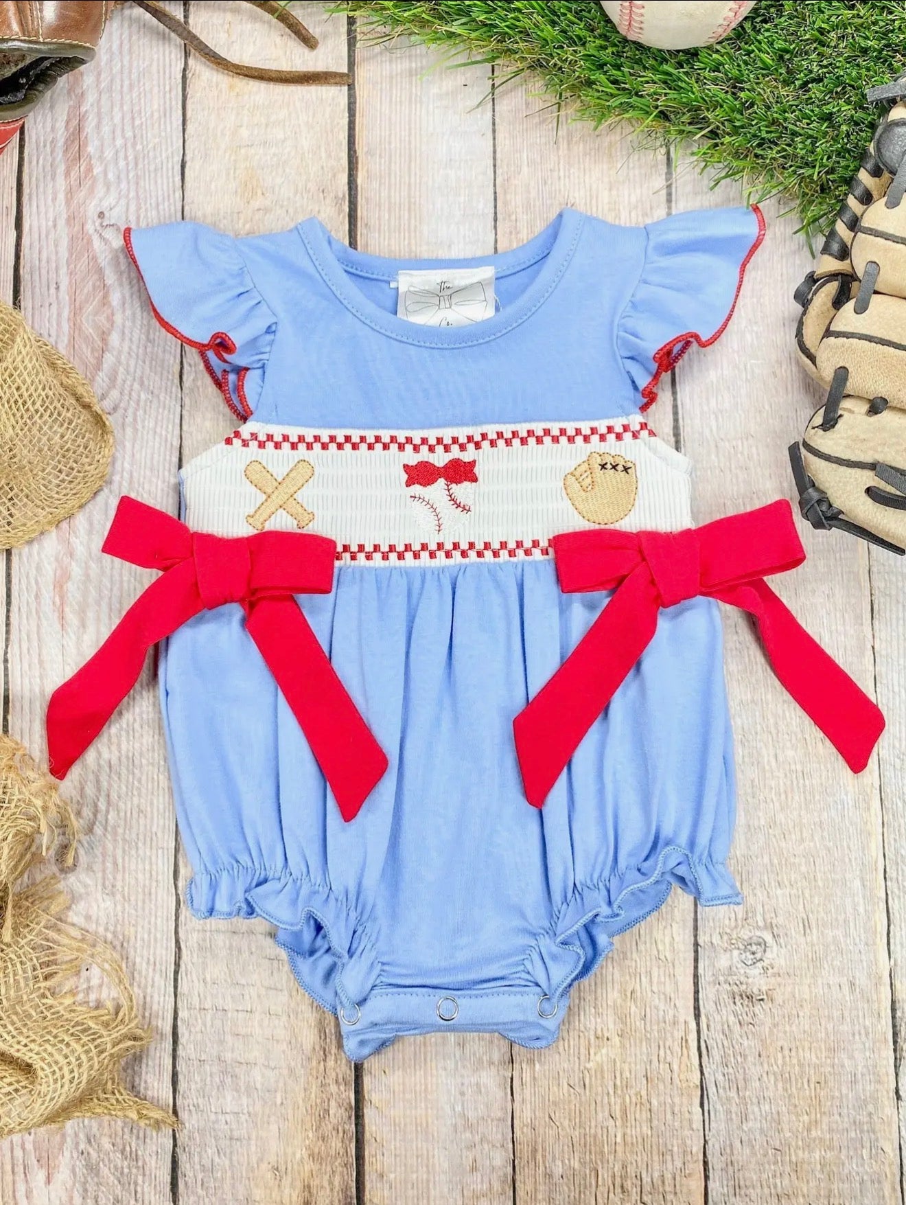 Baseball Embroidered Smocked Infant Romper w/ Bows