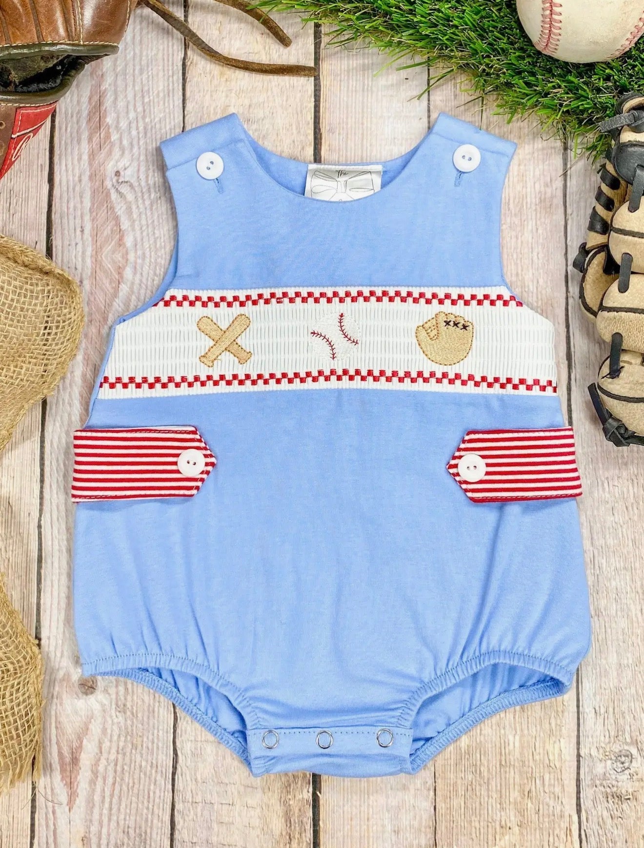Baby Boy Blue Baseball Smocked Romper