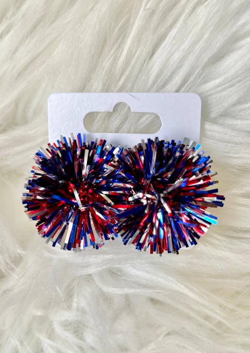 Red, Silver, and Blue Tinsel Party Pom Stud