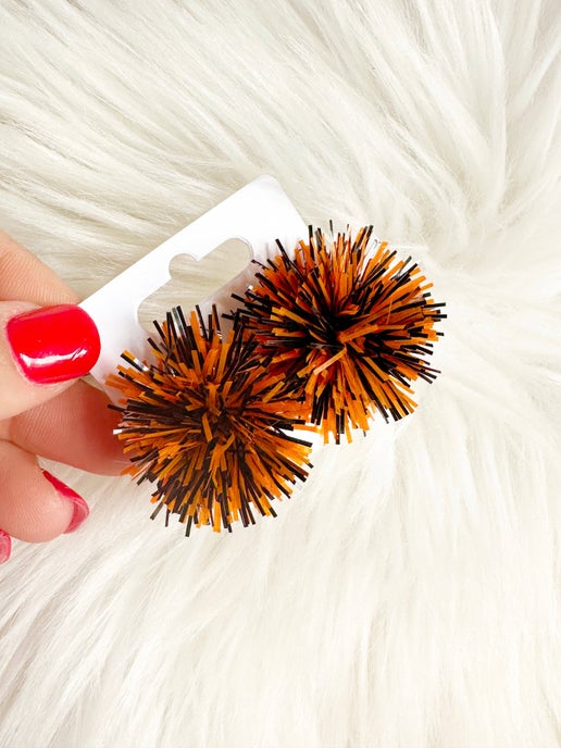 Orange and Black Tinsel Party Pom Stud
