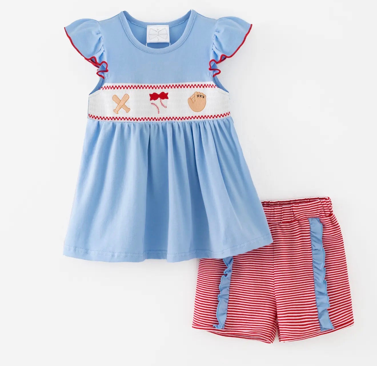 Baseball Embroidered Smocked Shorts Set