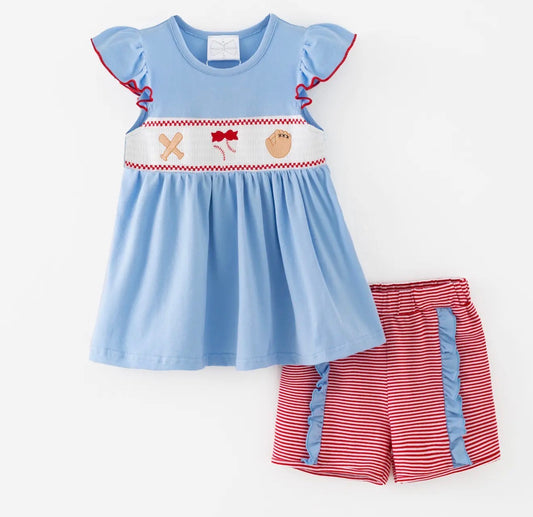 Baseball Embroidered Smocked Shorts Set
