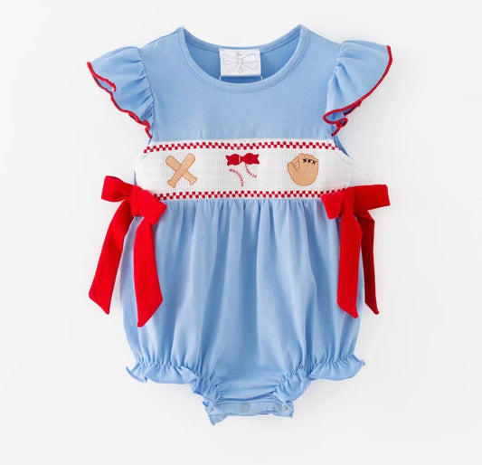 Baseball Embroidered Smocked Infant Romper w/ Bows