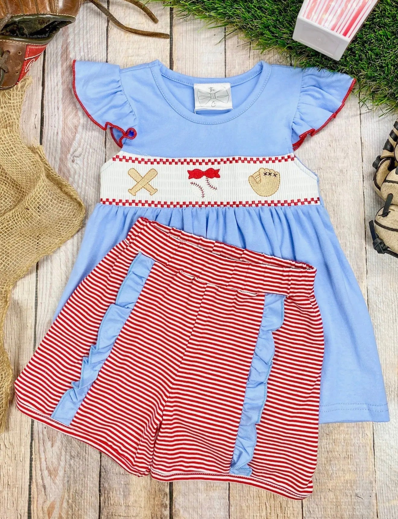 Baseball Embroidered Smocked Shorts Set