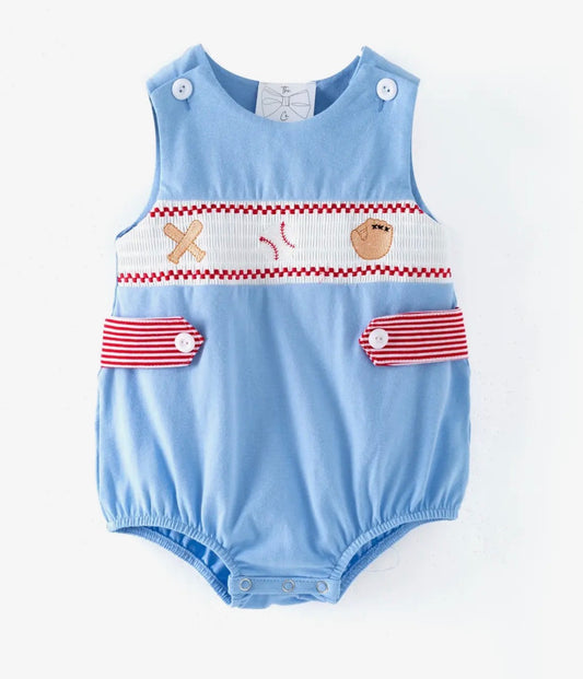 Baby Boy Blue Baseball Smocked Romper