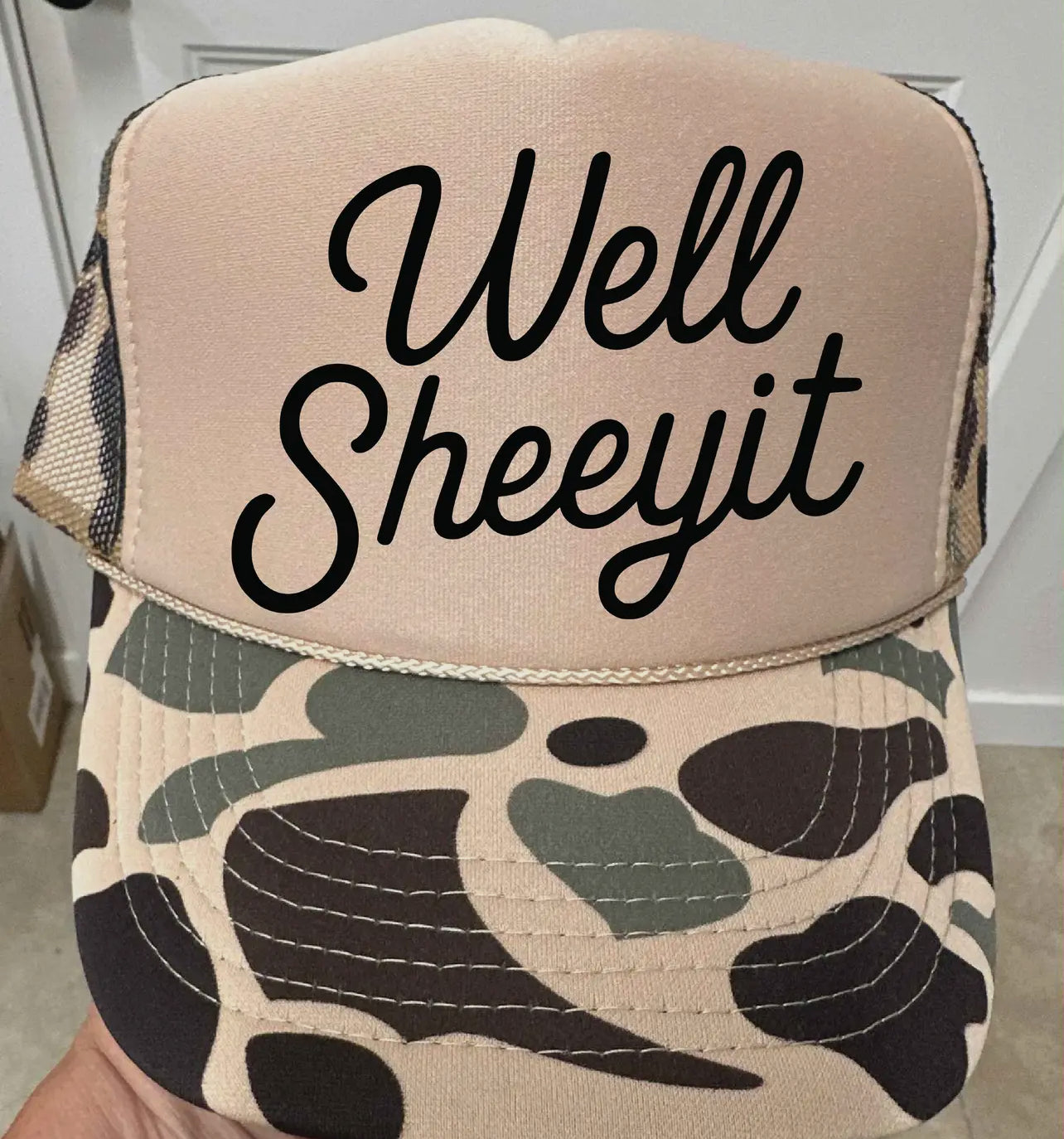 Well Sheeyit DTF Printed Duck Camo and Tan Trucker Hat