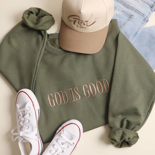 GOD IS GOOD Embroidered Heavyweight Sweatshirt: MILITARY GREEN