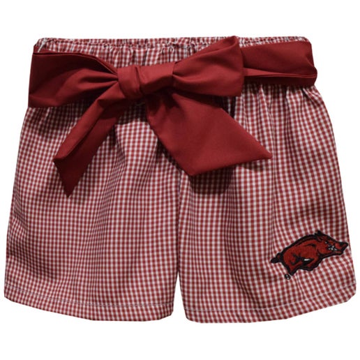 Arkansas Razorbacks Embroidered Red Gingham Girls Short-Sash