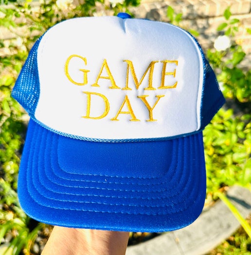 Game Day Embroidered Trucker Hat: Royal Blue & White Hat/Gold Thread