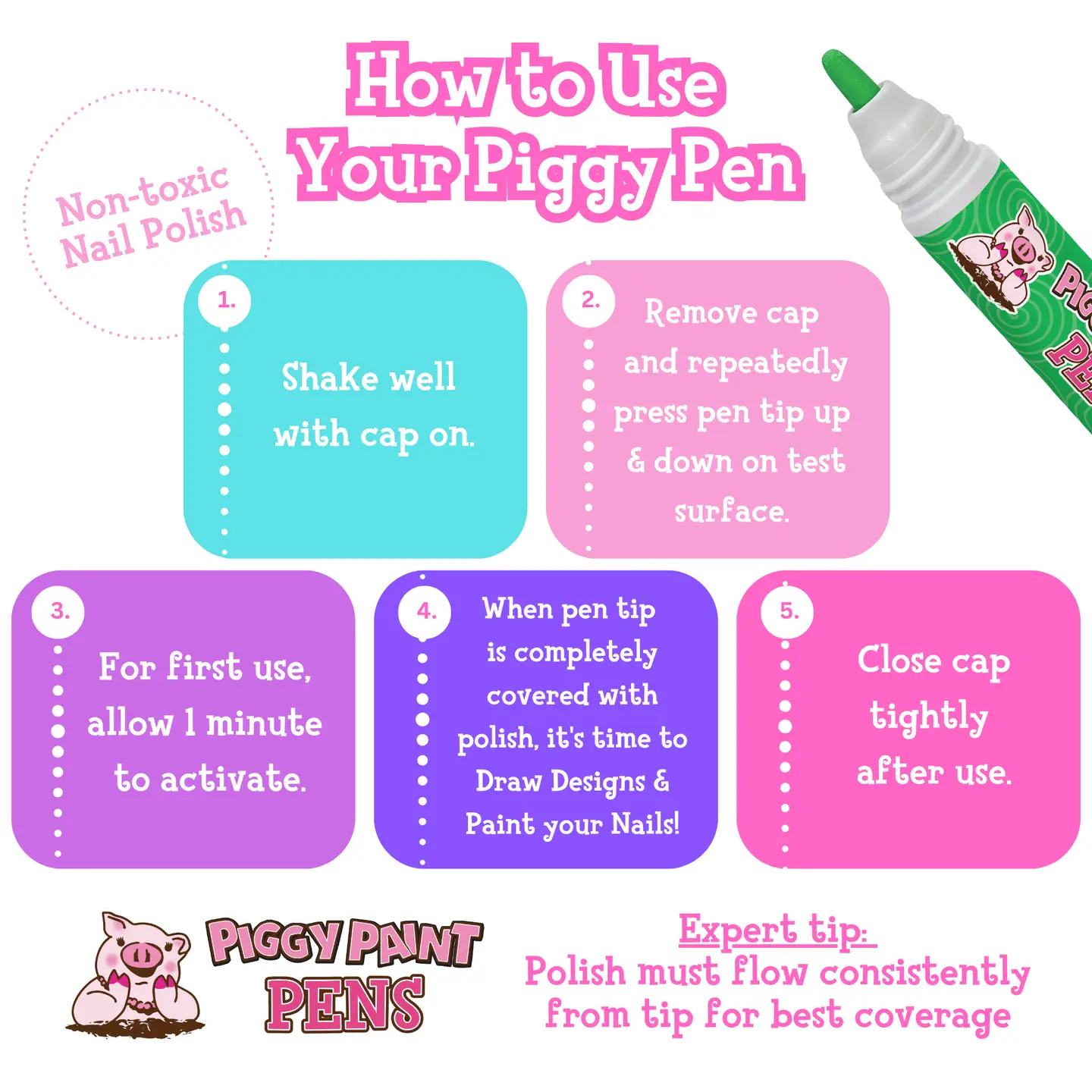 Giggly GREEN Piggy Paint Pen Non-Toxic Kids Nail Polish